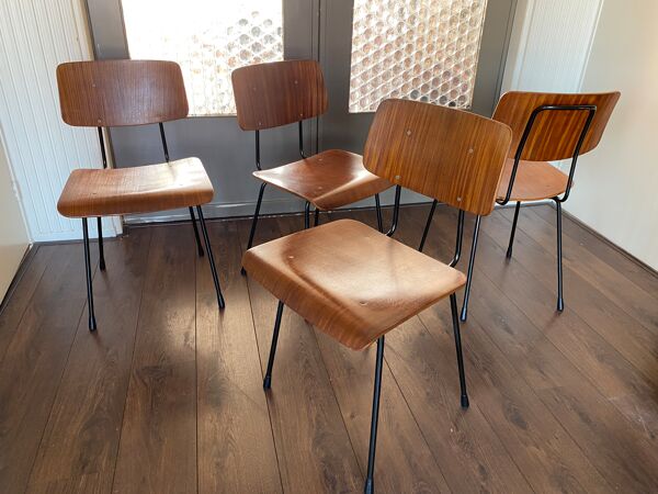 Lot de 4 chaises de salle à manger en teck et acier par Tjerk Reijenga pour Pilastro années 1950