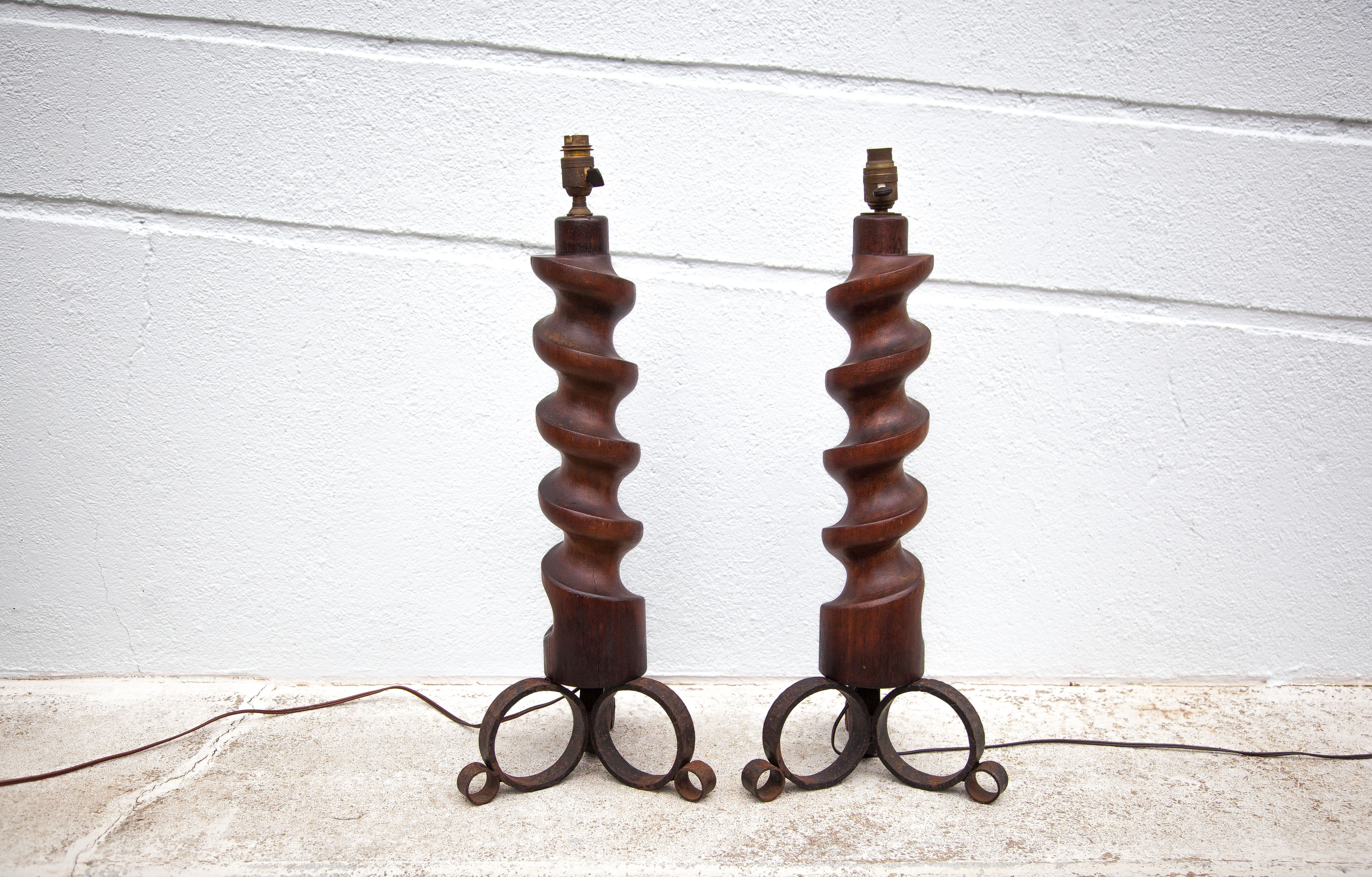 Vintage lamp foot x 2, floor lamp, floor lamp, twisted wood lamp and wrought iron, chalet