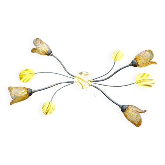 Wrought iron ceiling light with 4 arms & amber tulips | Luce Più Italy