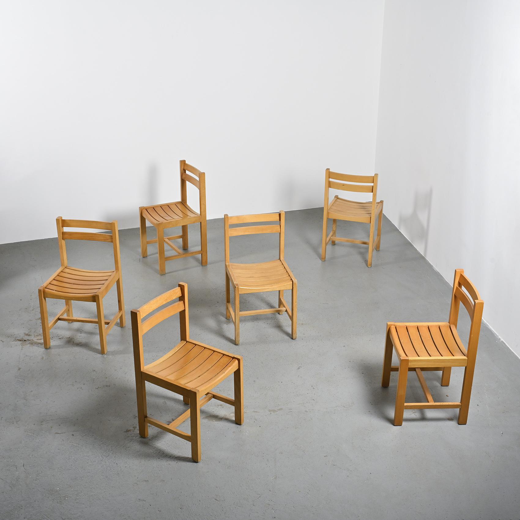 André Sornay, set of six beechwood chairs, France 1960