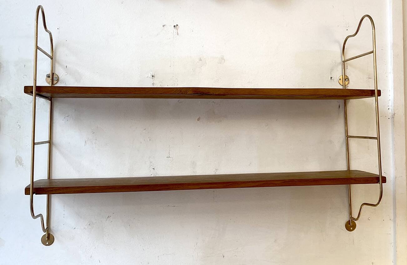 Brass and beech string shelves, 1960