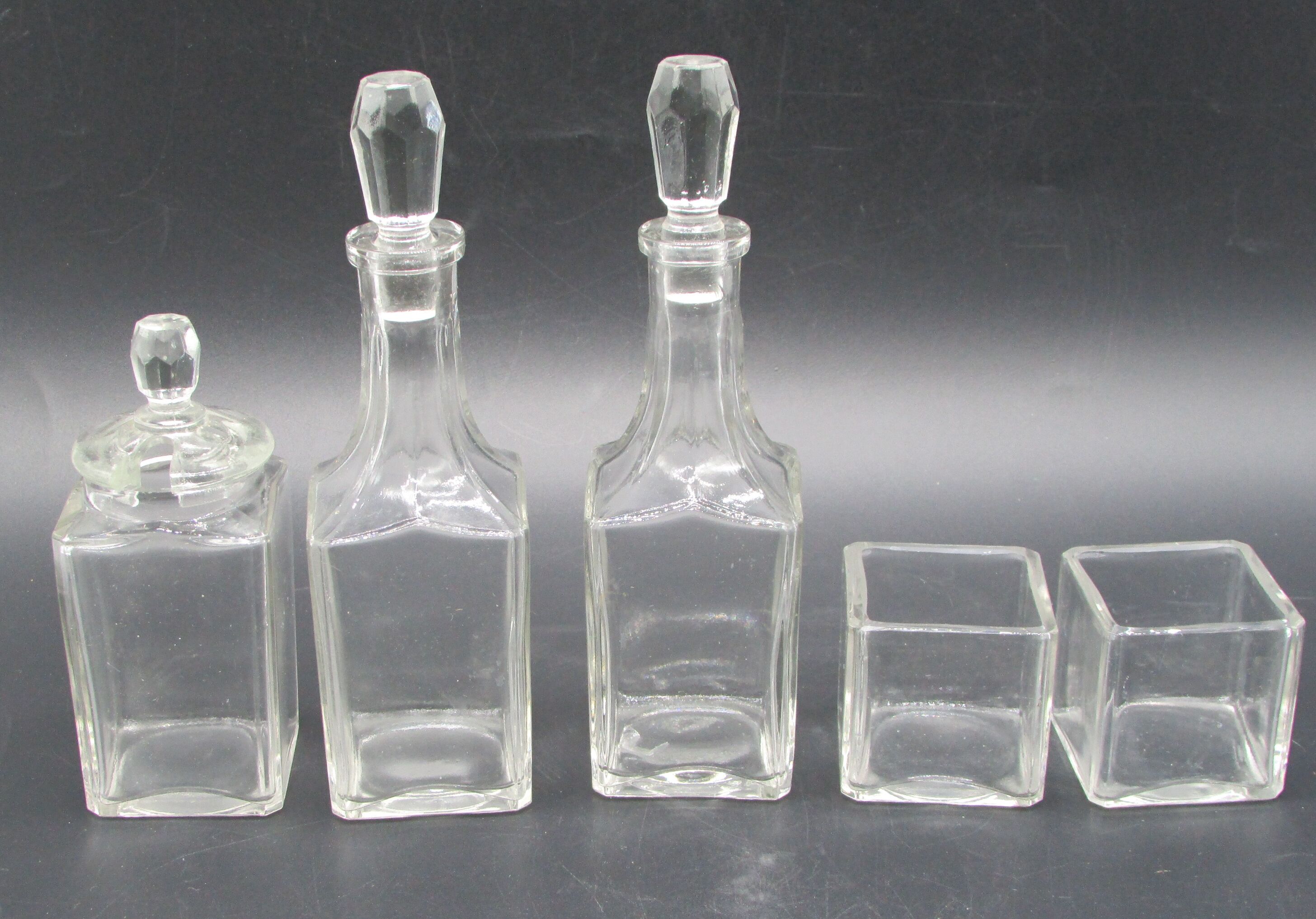 service to art-deco oiler condiments vinegar mustard pepper salt