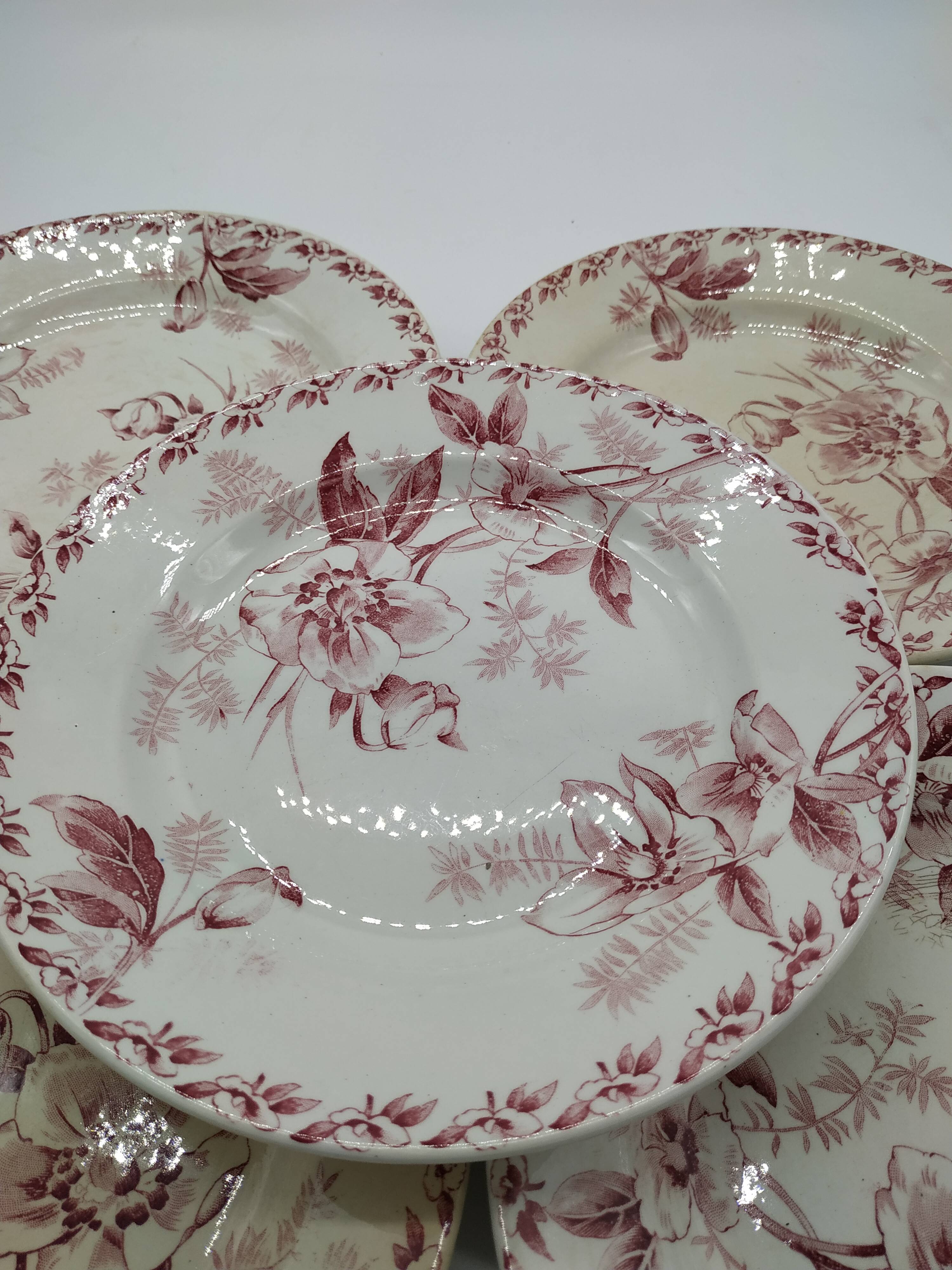 Set of 5 vintage flat plates decorated with pink flowers