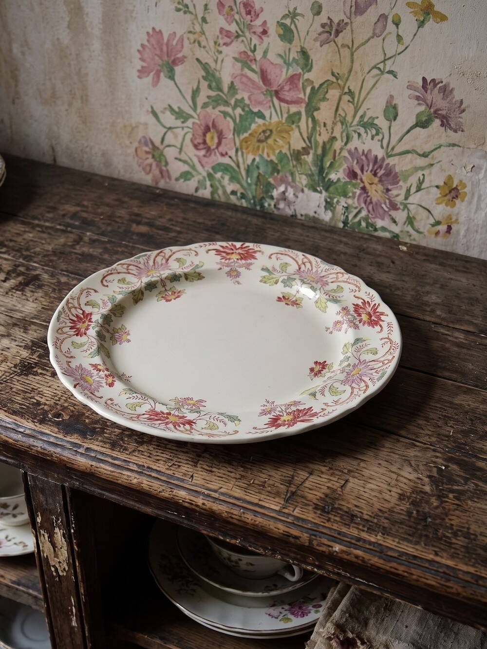 Plat de service ancien Longchamp Pâquerettes terre de fer polychrome XIXe