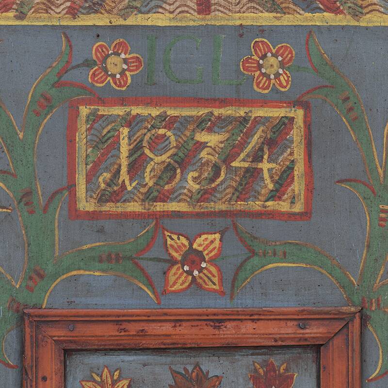 Rustic Farmhouse Folk Art Painted Bridal Cabinet 1834