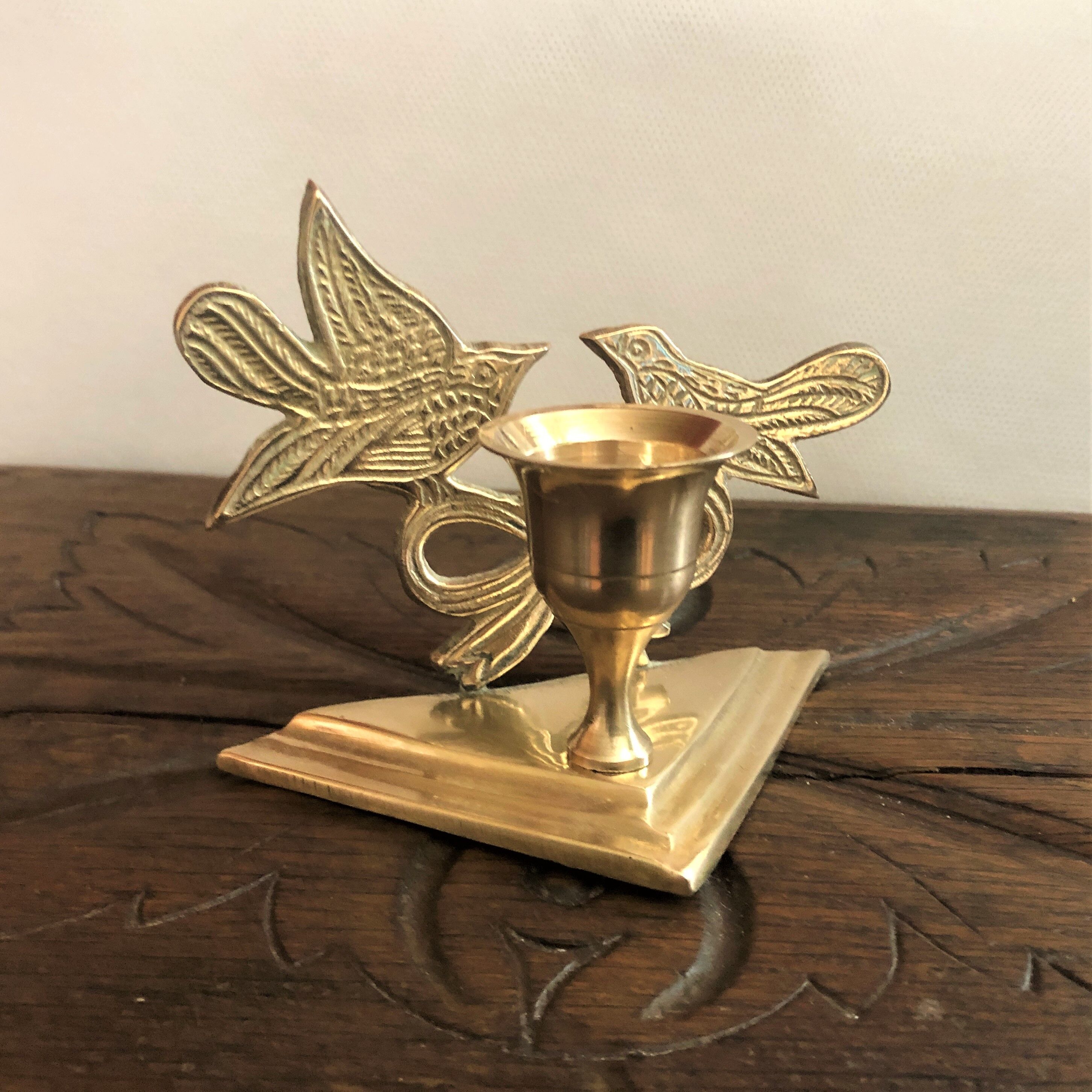 Bougeoir laiton doré décor oiseaux