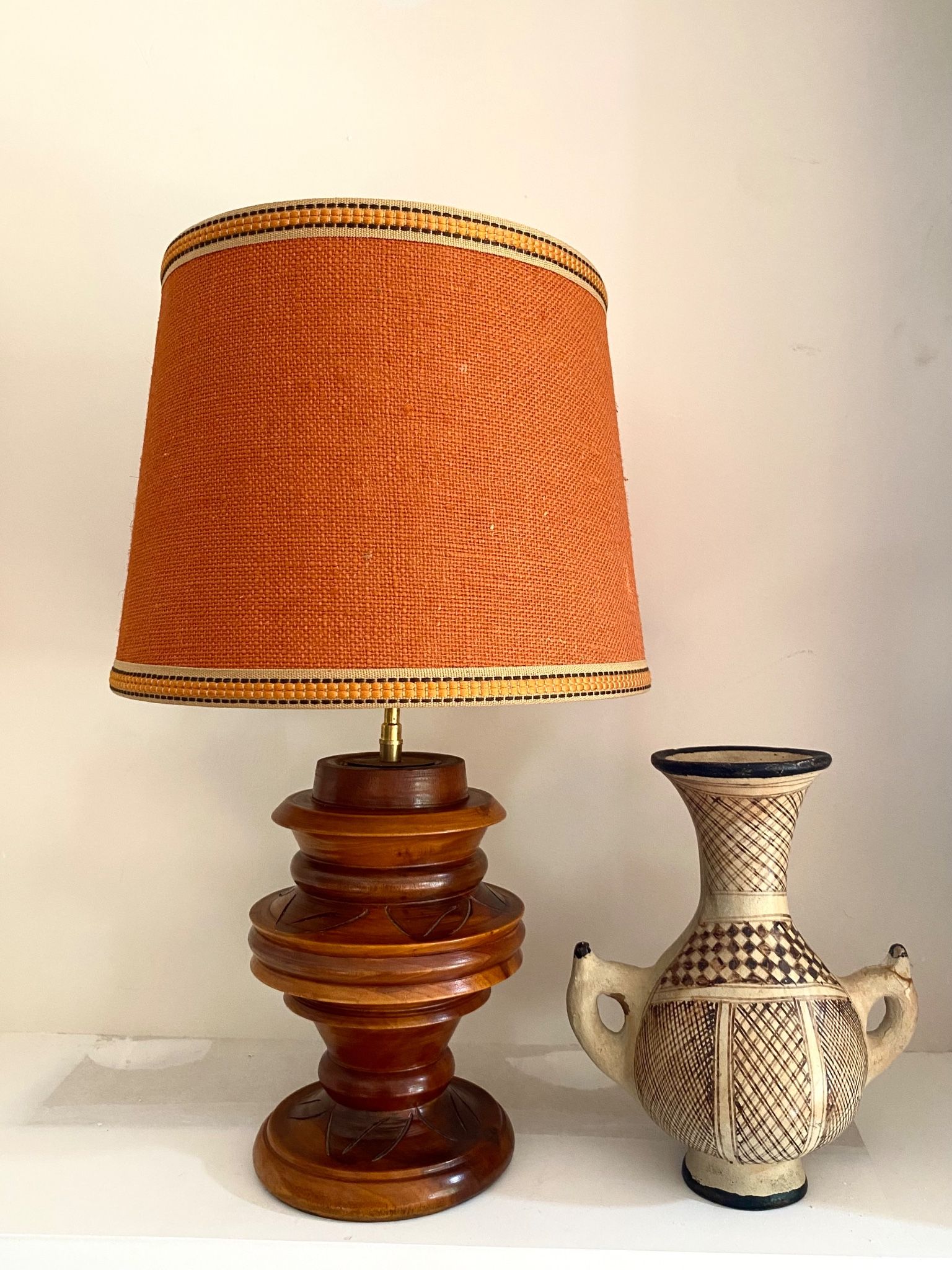 Lampe bois tourné, câble tissu 2M neuf, abat-jour