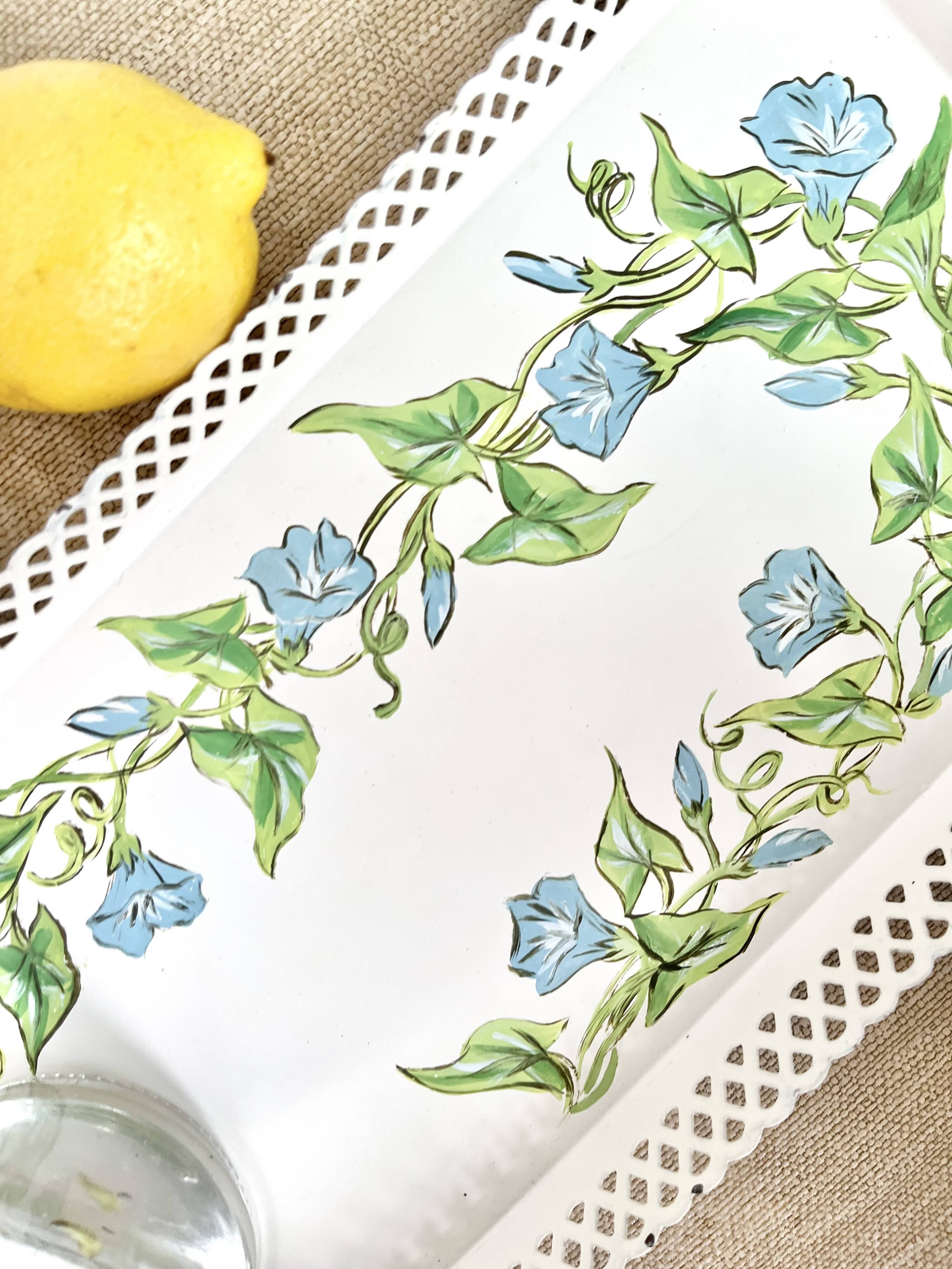 Large painted sheet metal tray with flower decoration