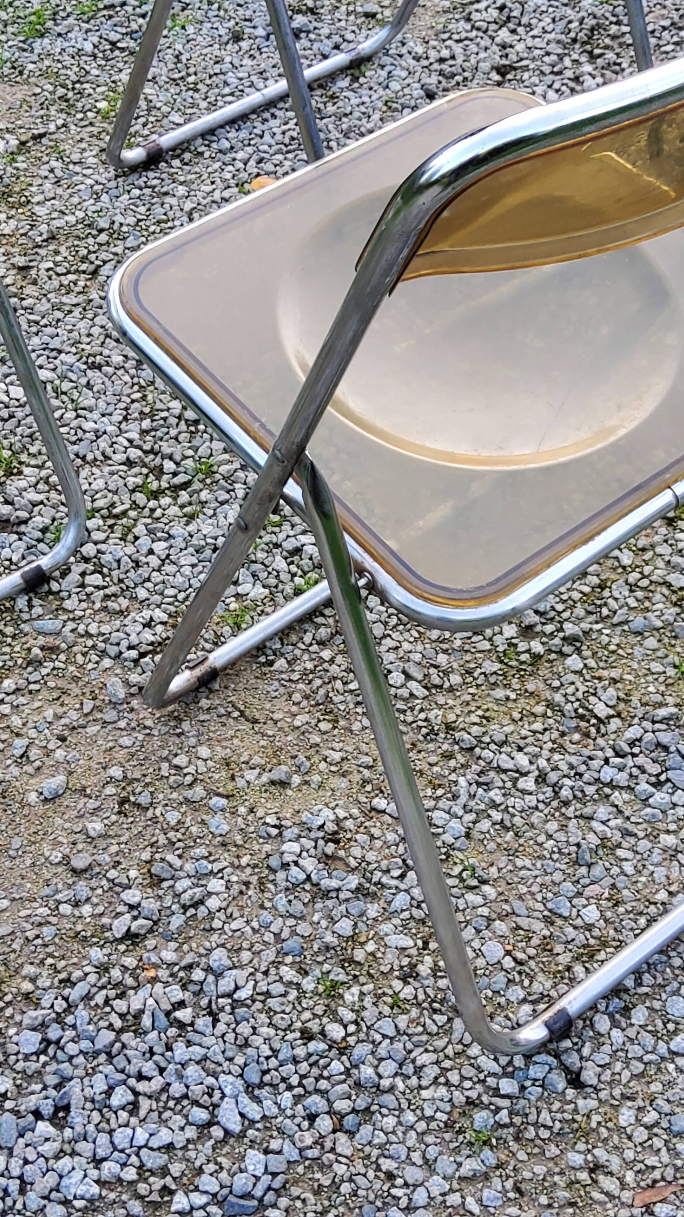 Set of 4 70s design folding chairs in smoked plexiglass and chrome metal