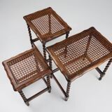 20th Century set of 3 oak and rattan nesting tables