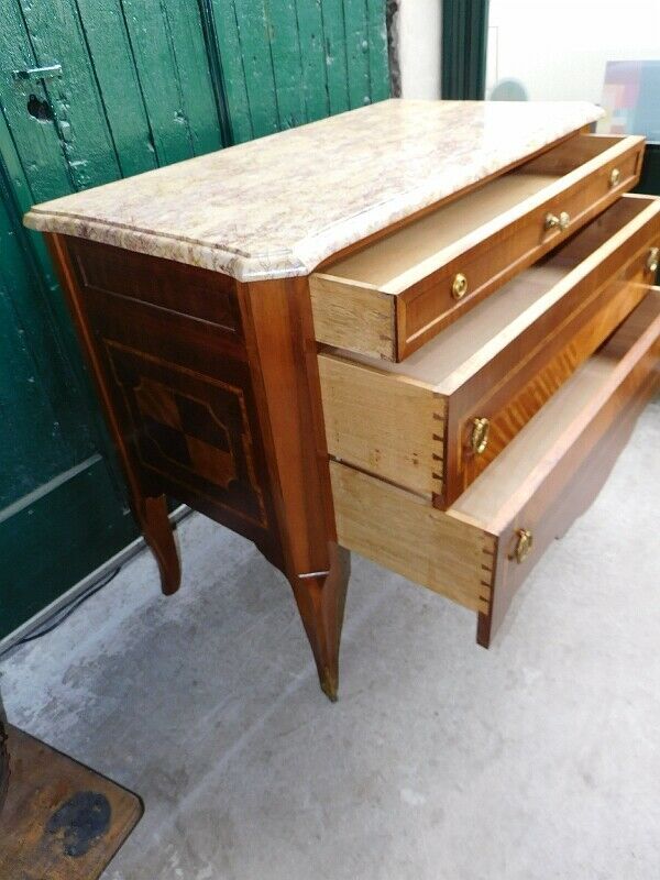 Commode 3 tiroirs plateau marbre style louis xvi en bois de rose