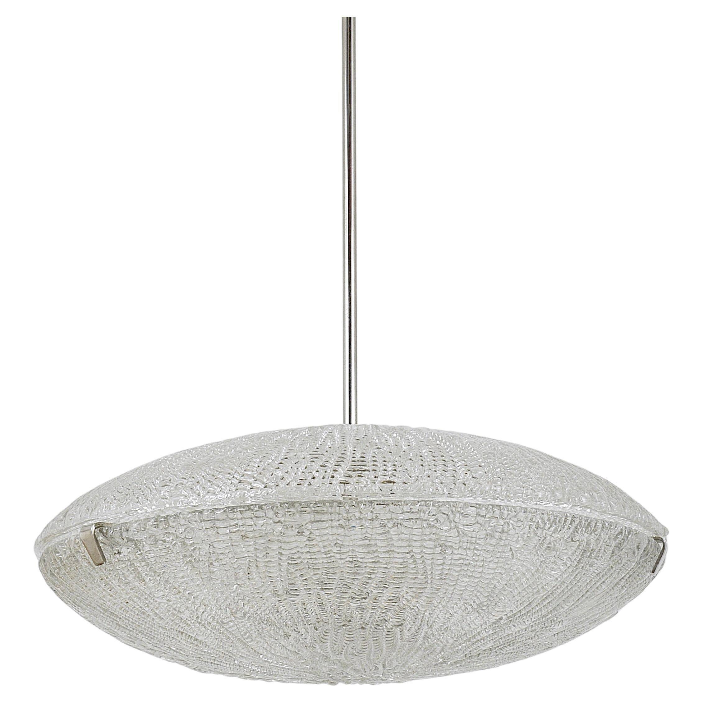 Mid-century Textured Glass and Nickel Kalmar Discus Chandelier, Austria, 1950s
