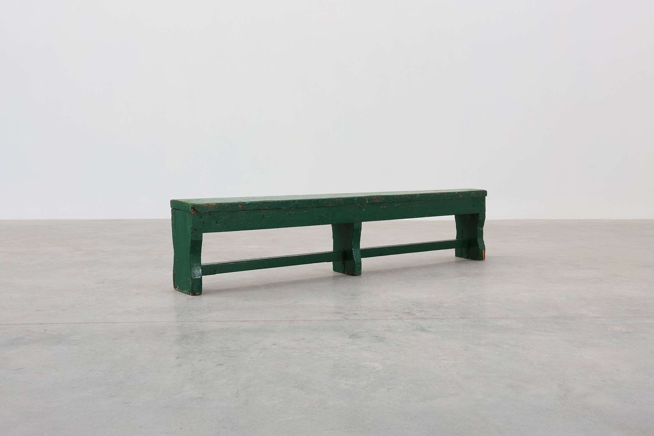 Rustic primitive green farmhouse bench in solid oak, France ca. 1900