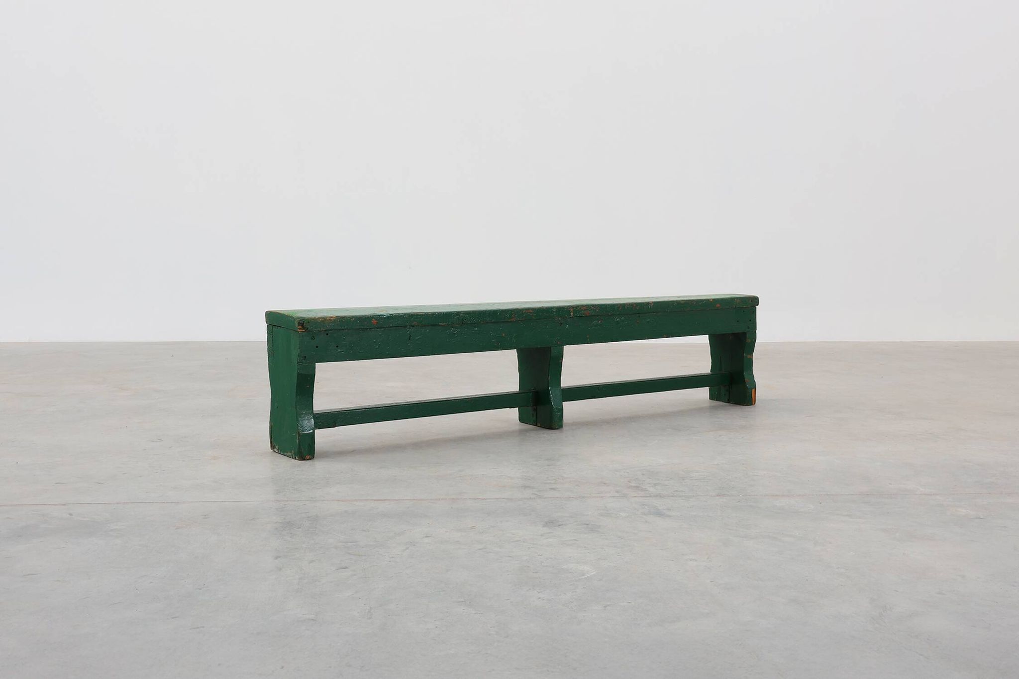 Rustic primitive green farmhouse bench in solid oak, France ca. 1900