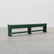 Rustic primitive green farmhouse bench in solid oak, France ca. 1900