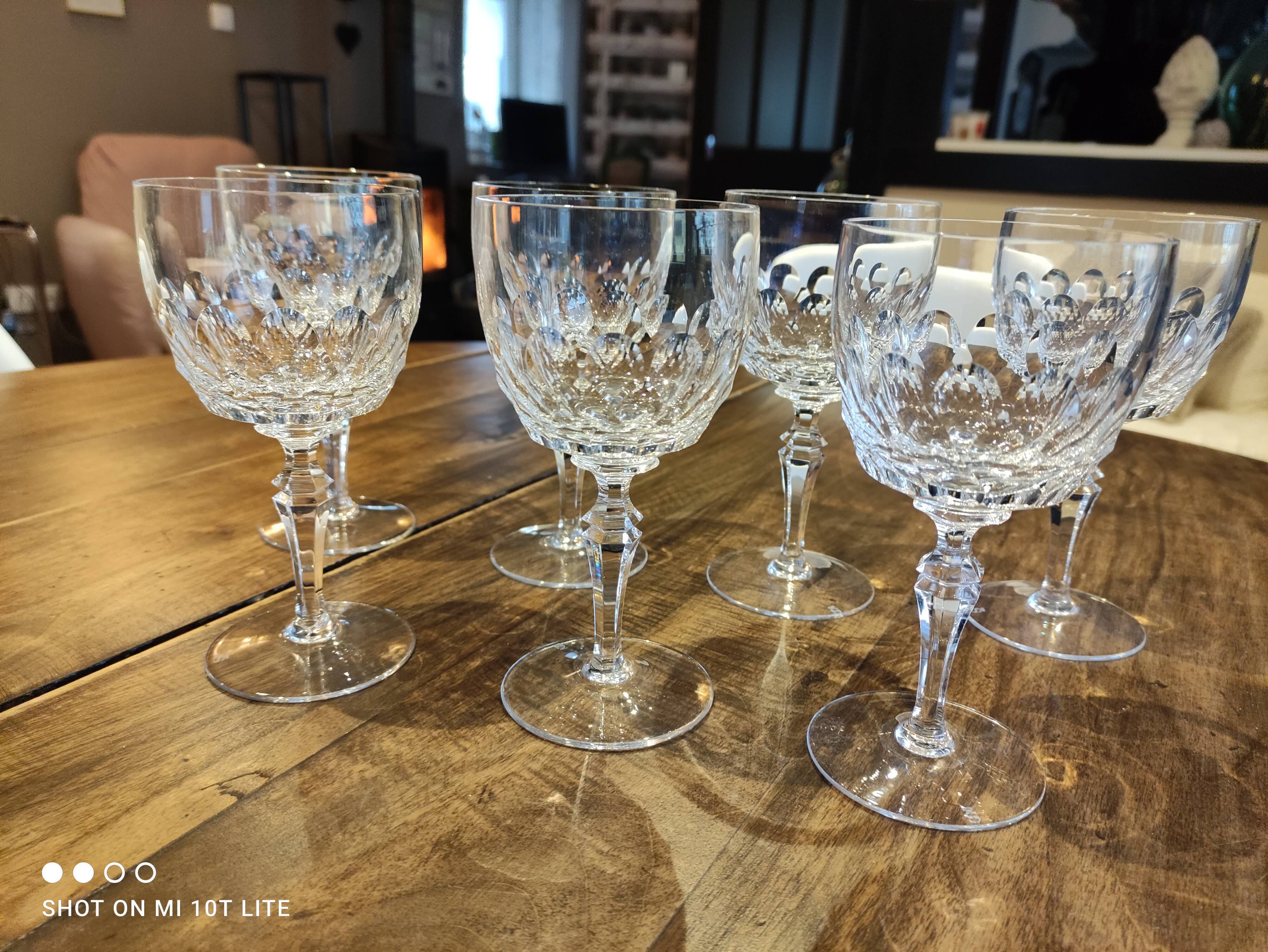 Set of 7 chiseled crystal wine glasses stamped with a crowned S