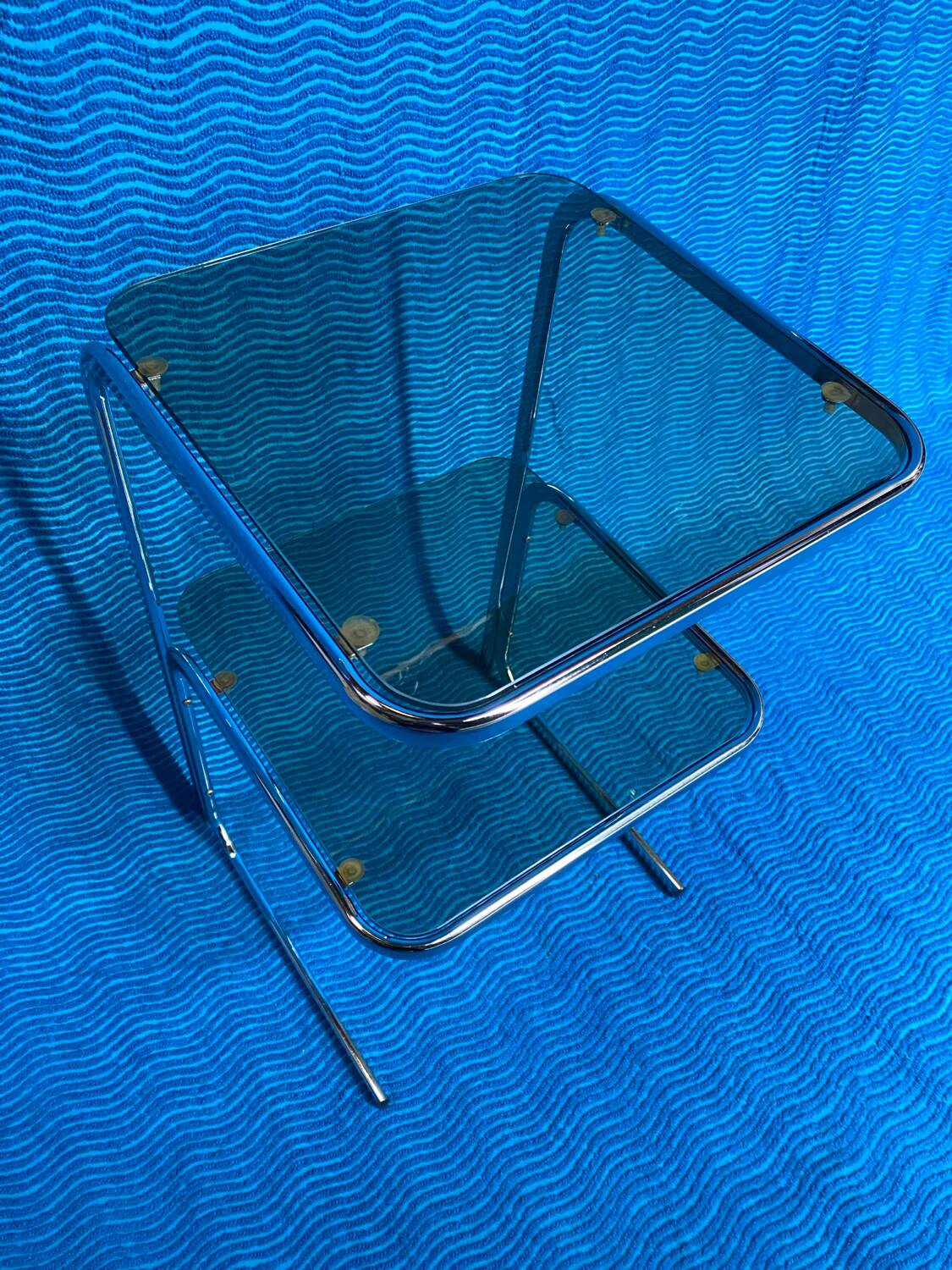 Vintage 1970s coffee table square chrome base u-shaped oval profile