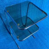 Vintage 1970s coffee table square chrome base u-shaped oval profile