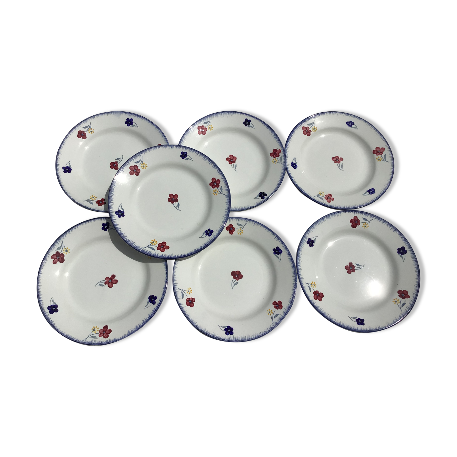 7 blue edge flat plates Mary Lou Digoin