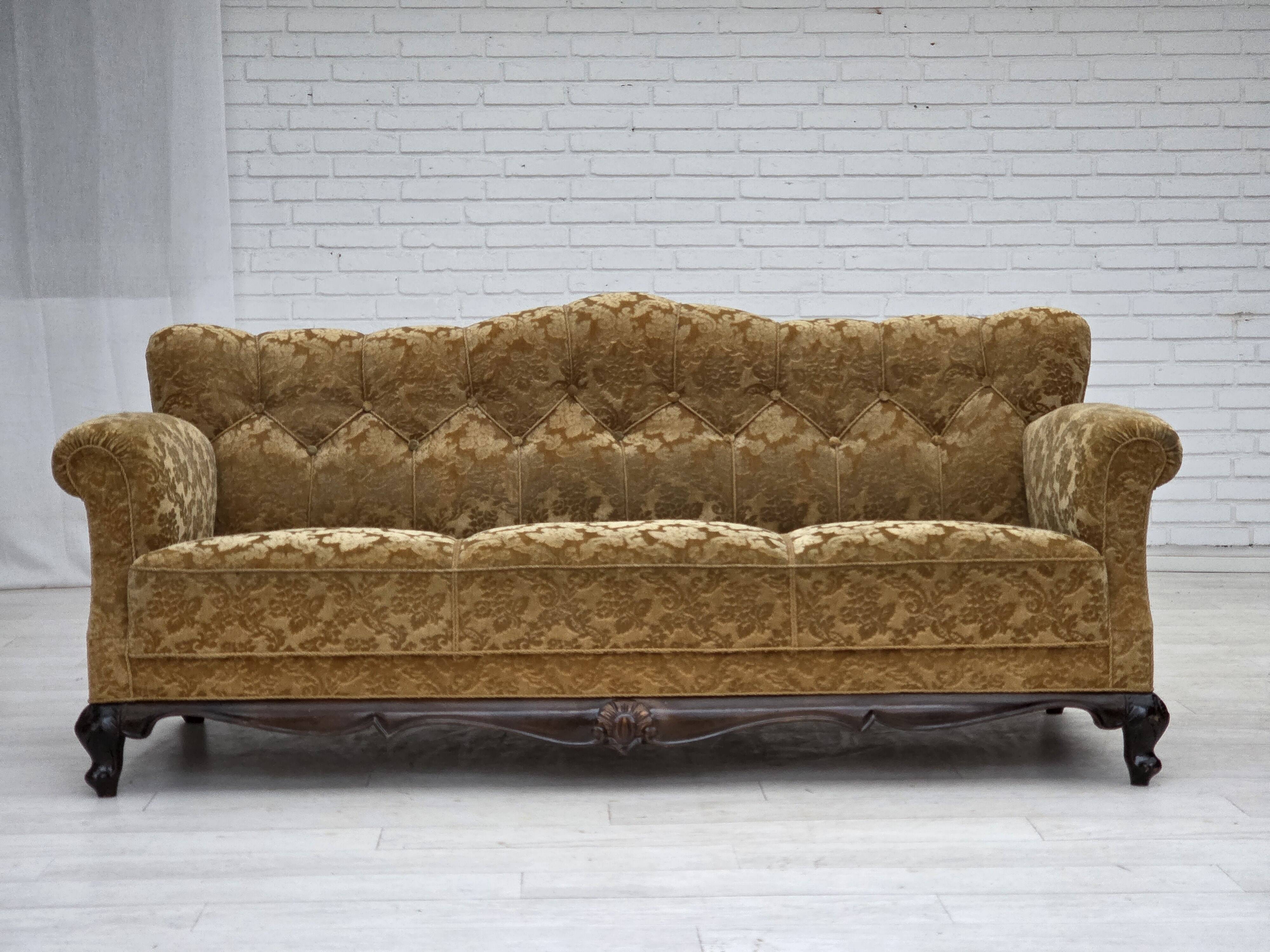 1950s, Danish 3-seater sofa, furniture velour, carved oak wood.