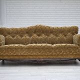 1950s, Danish 3-seater sofa, furniture velour, carved oak wood.