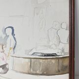 Watercolor drawing of figures in an amphitheater with a plaster model