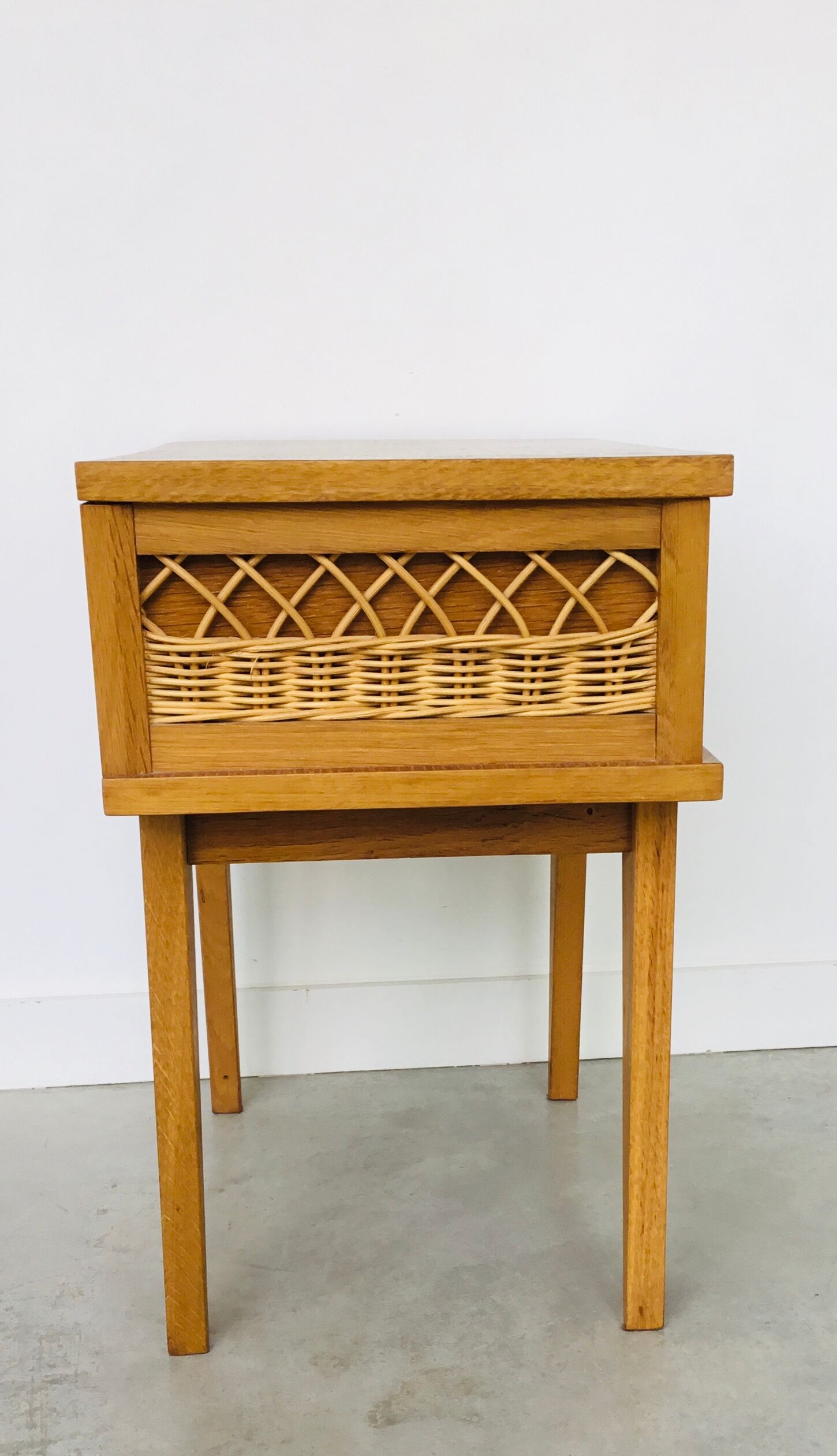 Vintage light wood and rattan bedside - 1960