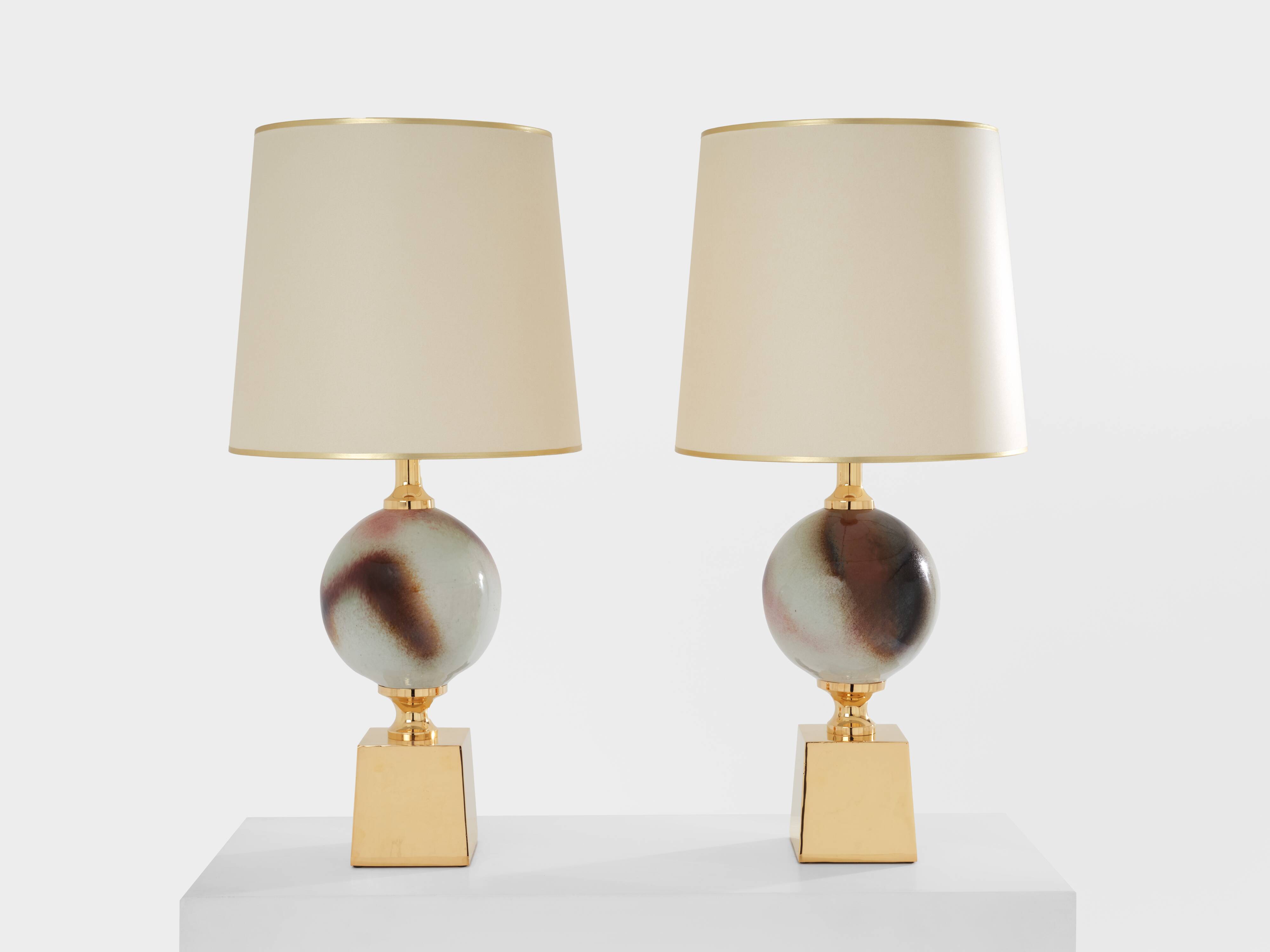 Pair of ceramic and brass lamps by Philippe Barbier, 1970s