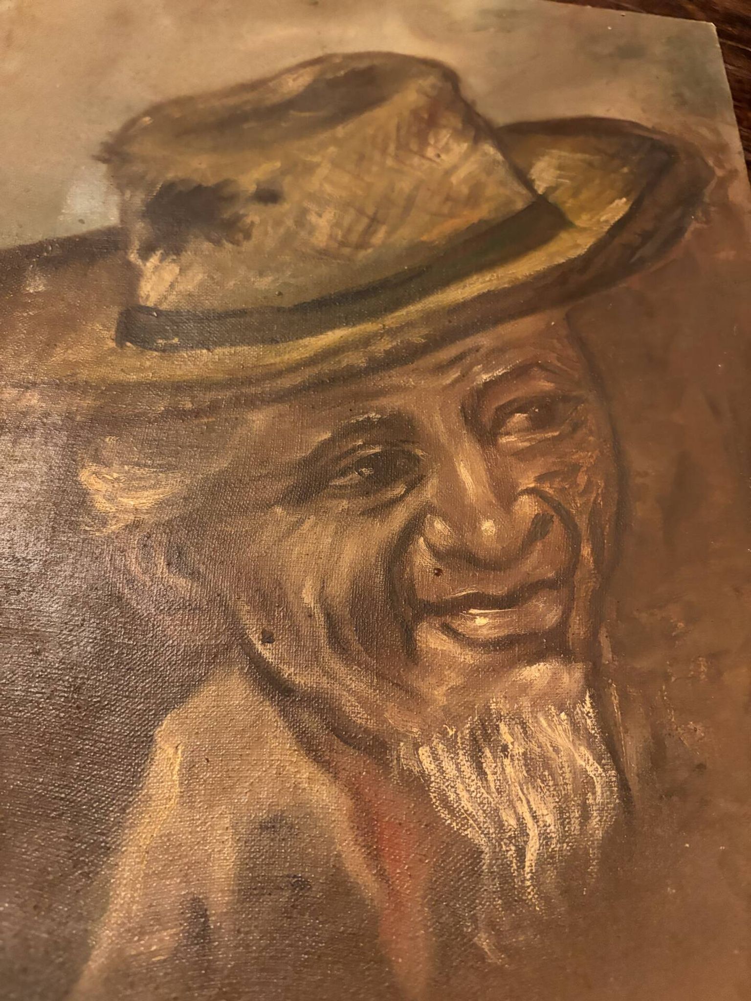 Old Table Oil on Canvas: Portrait of a Man in a Hat