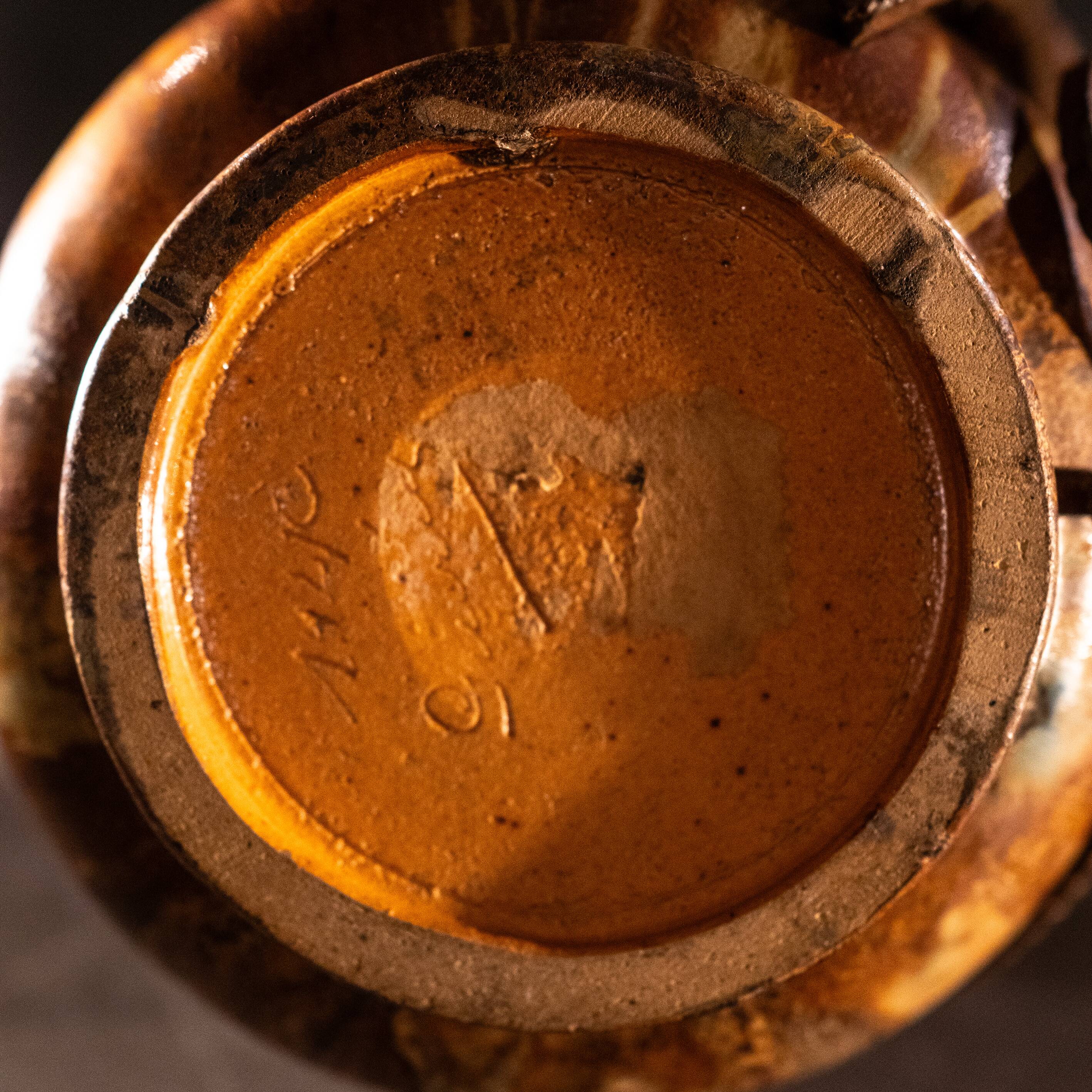 stoneware shell vase, wrought iron frame, roger guerin & francois carion, bouffioulx ca 1920