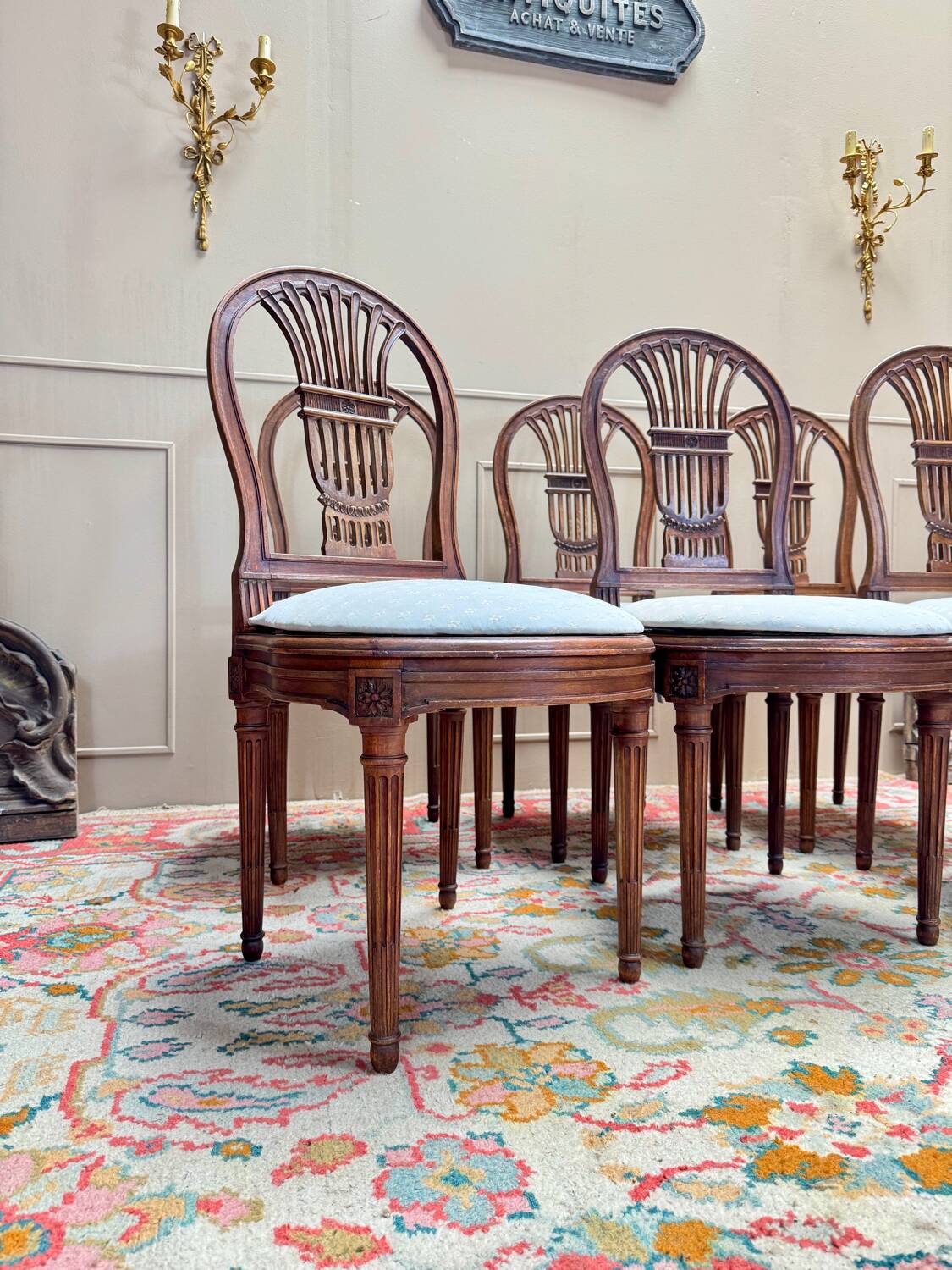 Set of six Louis XV style natural wood sheaf back chairs