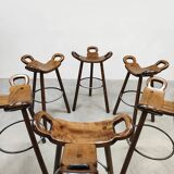 6 tabourets hauts en bois, Espagne milieu XXème