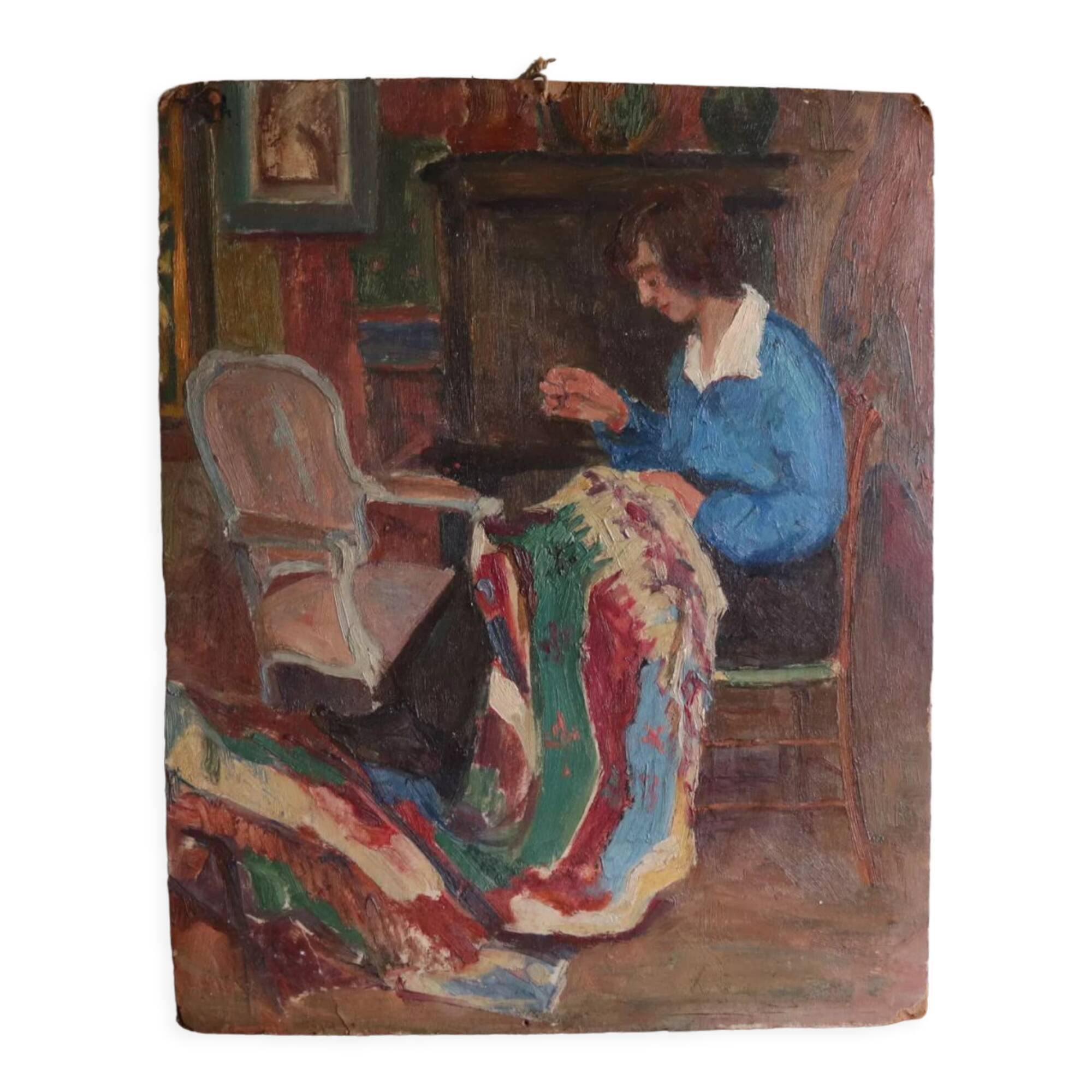 Oil on panel woman weaver
