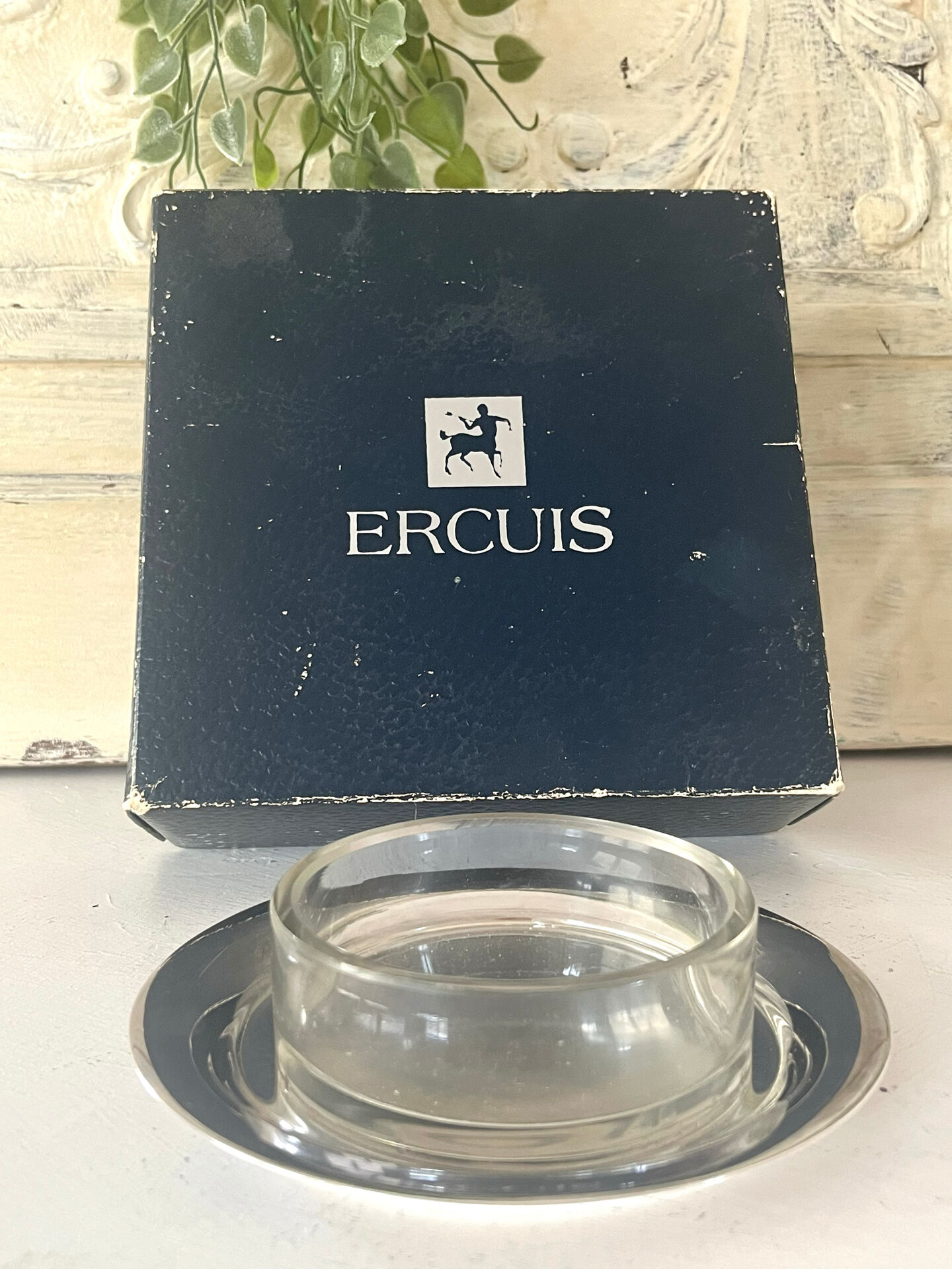 Silver plated butter dish with crystal insert by Ercuis, original box