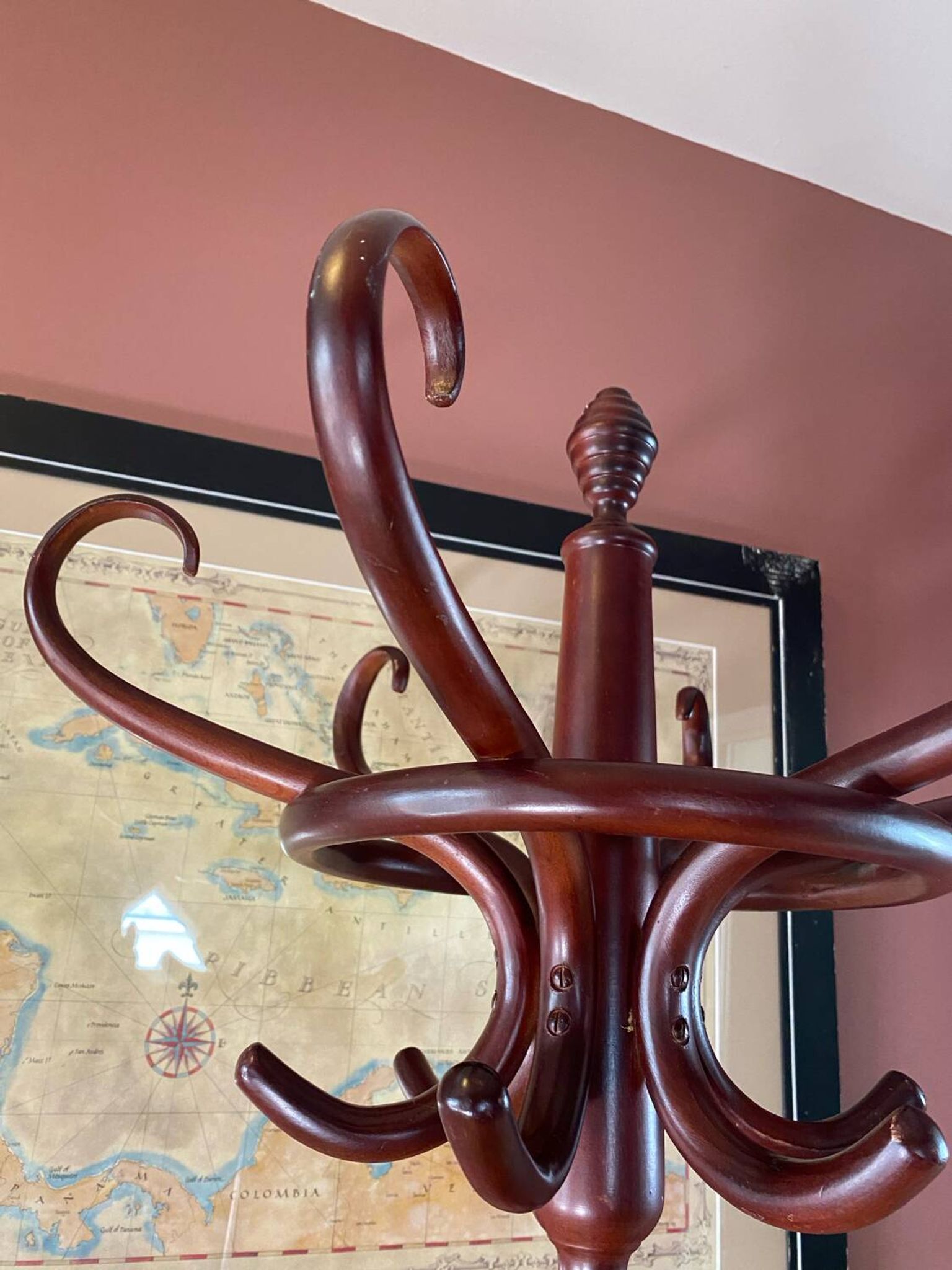 Coat rack on curved wooden stand, Baumann or Thonet style parrot