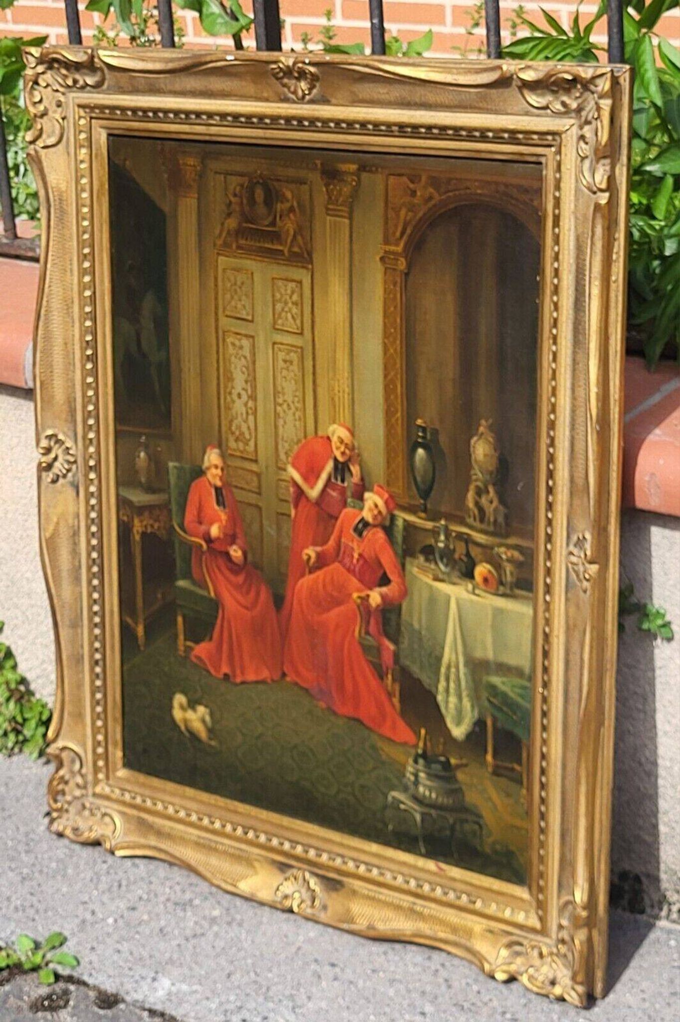 Signed Antique French Oil Painting – Cardinals in Luxurious Setting, 19th C