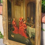 Tableau à l'huile ancien signé – Cardinaux dans un cadre luxueux, XIXe siècle