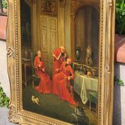 Signed Antique French Oil Painting – Cardinals in Luxurious Setting, 19th C