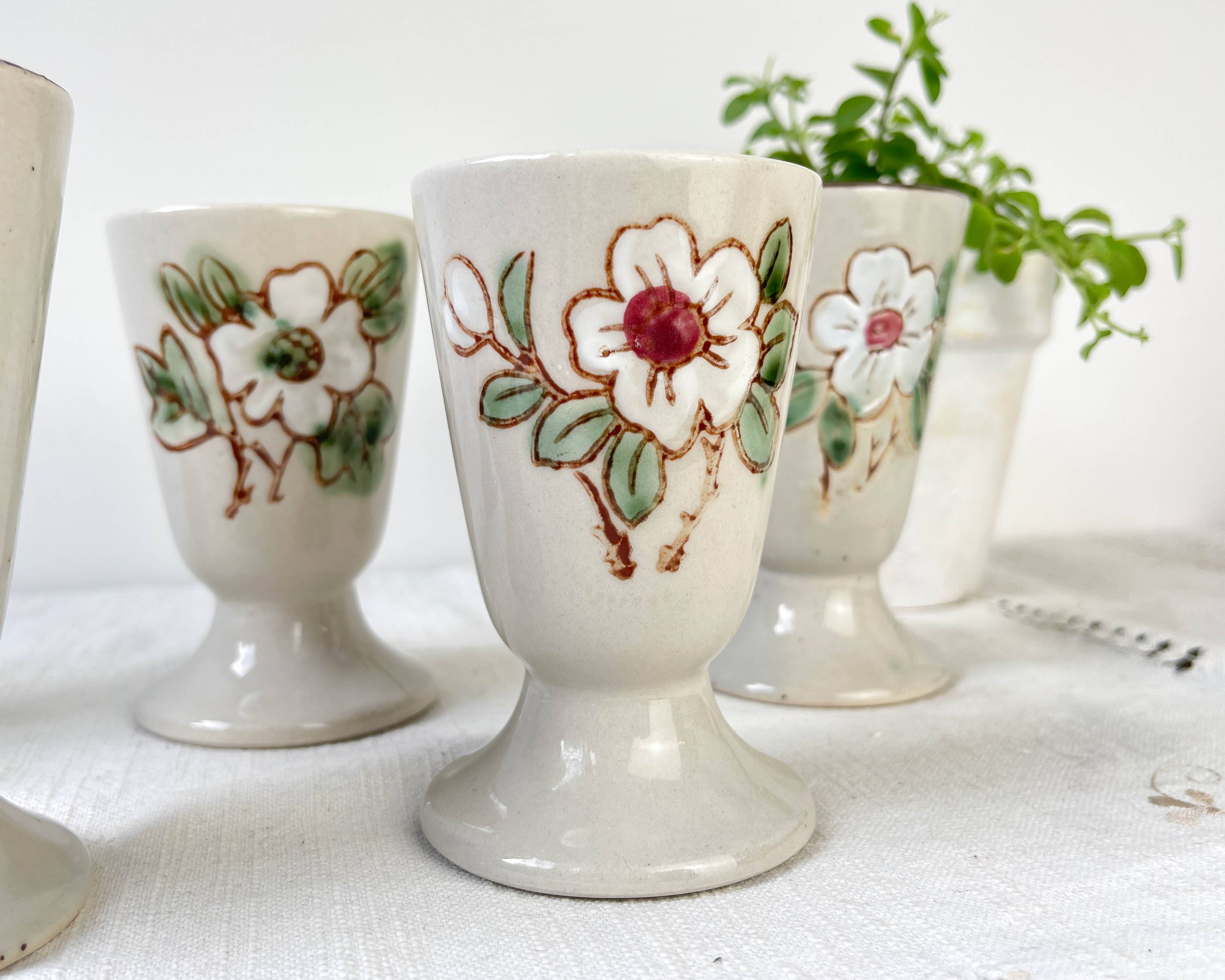 5 vintage stoneware Mazagrans with floral pattern Made in Korea 1980
