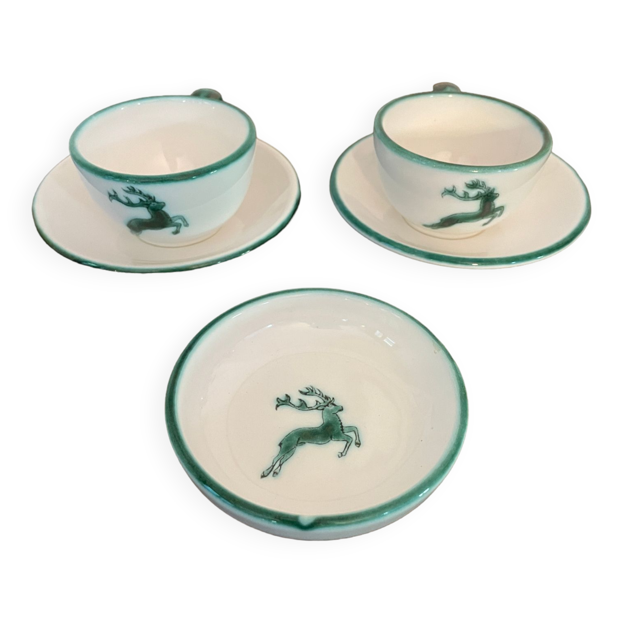 Set of 2 espresso coffee cups and their cups Green Deer Pattern Gmundner Keramik