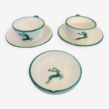 Set of 2 espresso coffee cups and their cups Green Deer Pattern Gmundner Keramik