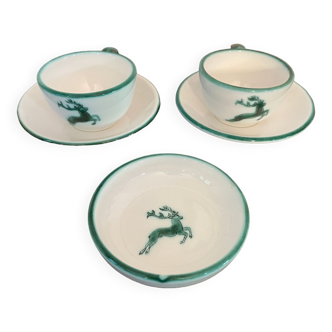 Set of 2 espresso coffee cups and their cups Green Deer Pattern Gmundner Keramik