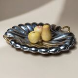 Plateau en acier inoxydable poli argenté en forme de coquillage avec poignées dorées, Becchetti Italie années 1980.