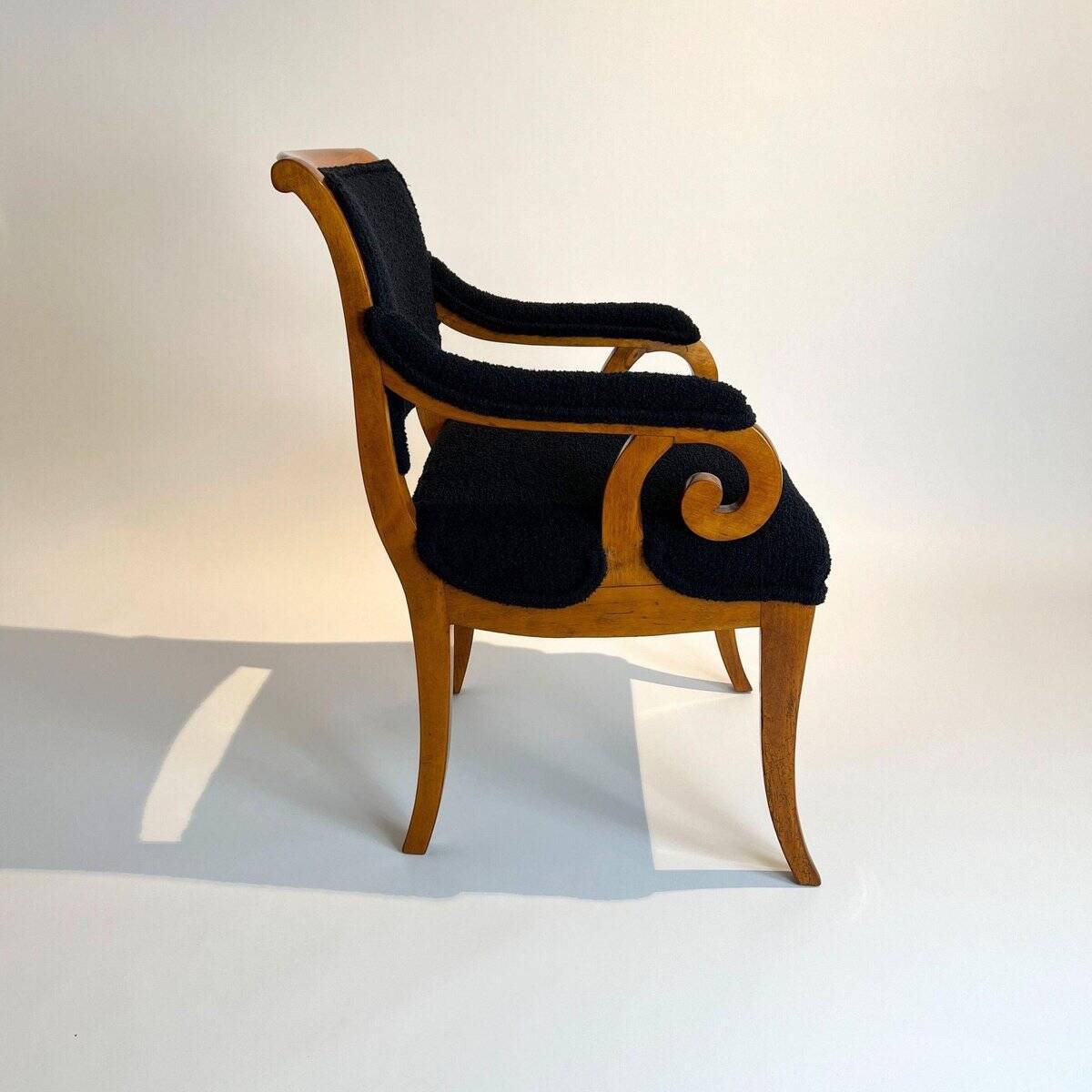 Biedermeier Armchair, Solid Beech, Black Boucle, South Germany circa 1830