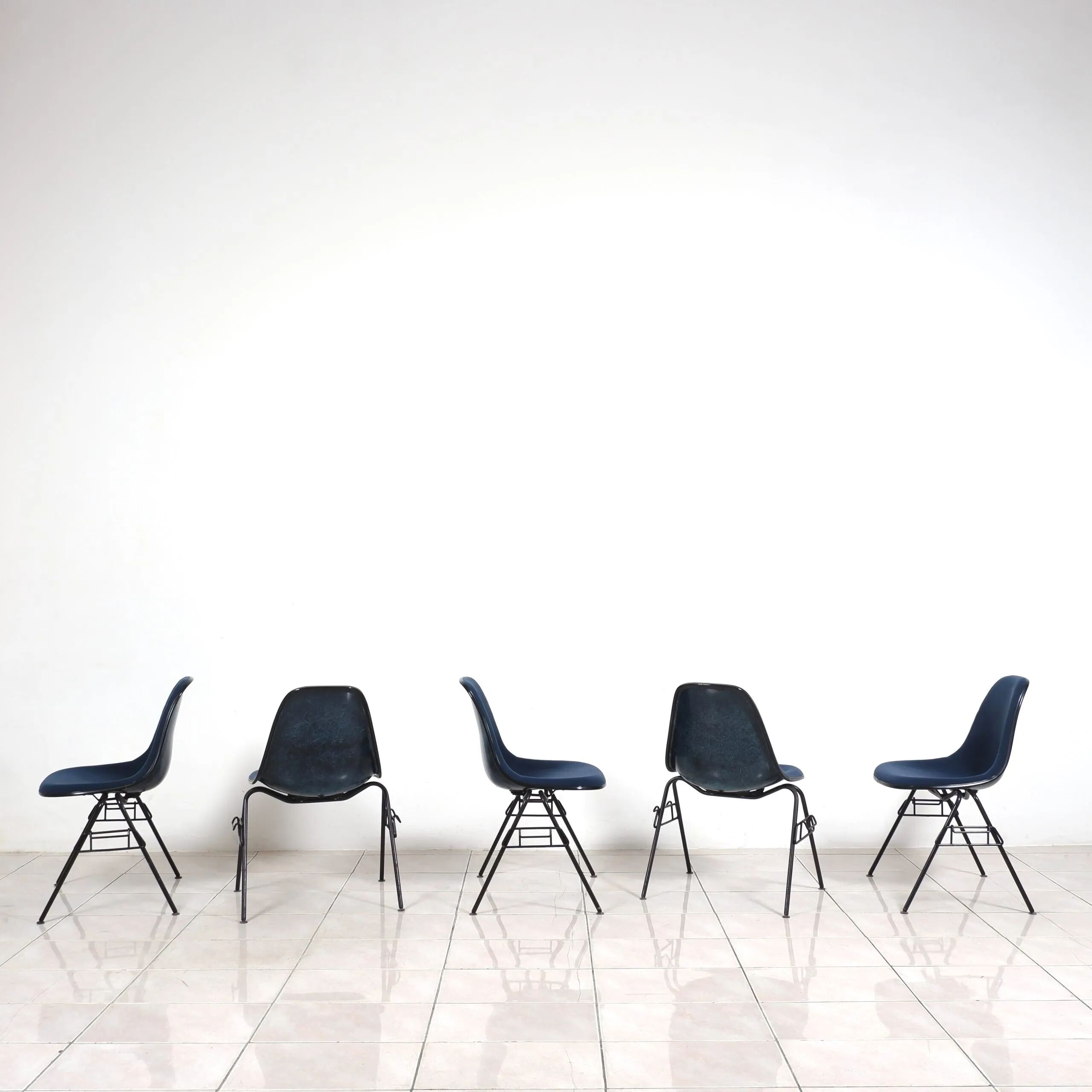 Set of 6 Eames Fiberglass DSX side chairs blue with velvet upholstery