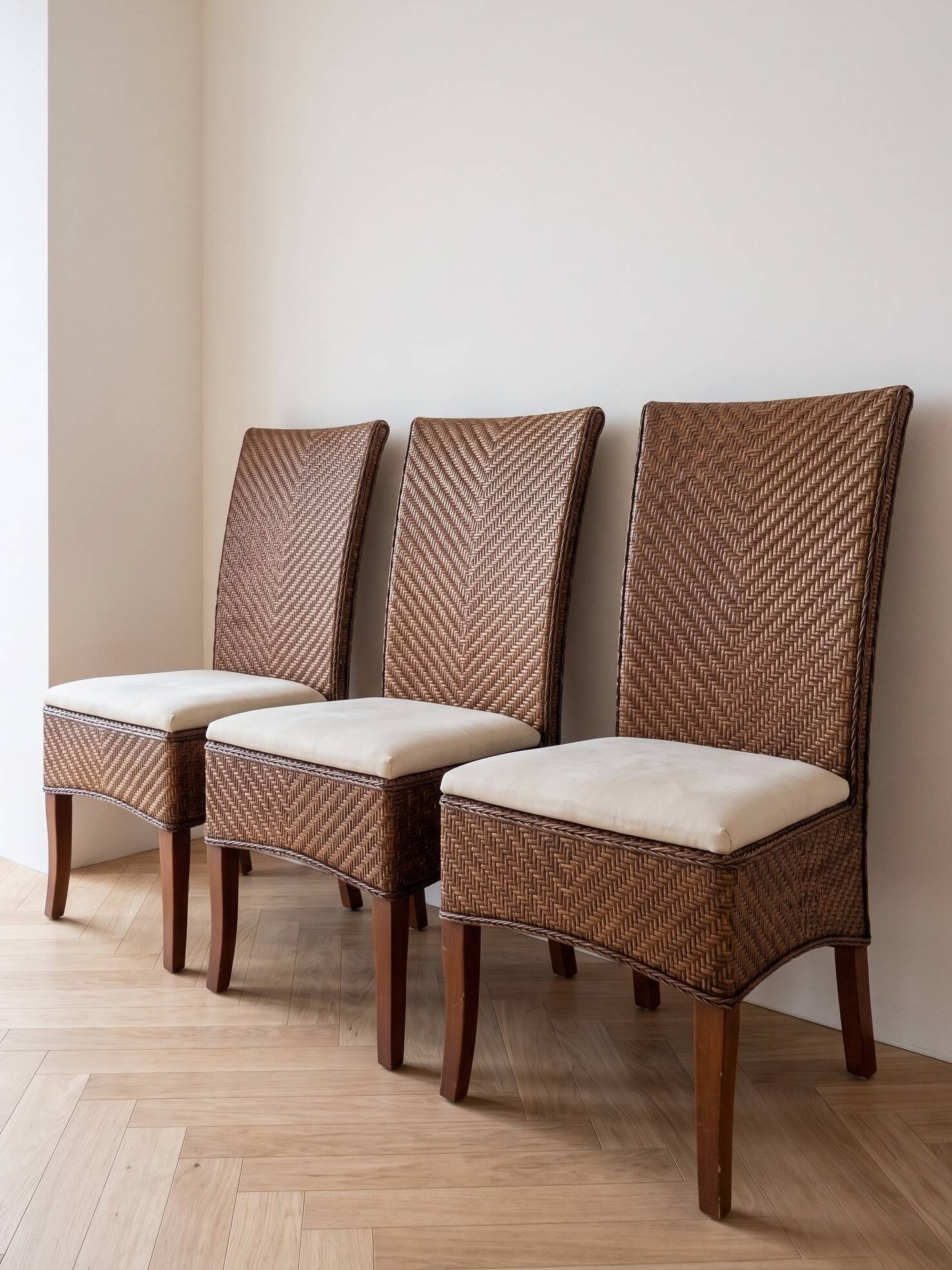 Set of 6 dining chairs in rattan and wood