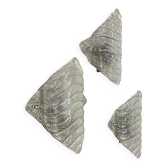 Set of 3 Murano Ice Glass Wall Lights/Sconces by FISCHER Leuchten, Germany, 1970