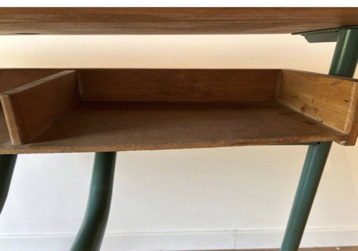 Vintage double school desk with 2 inkwells.