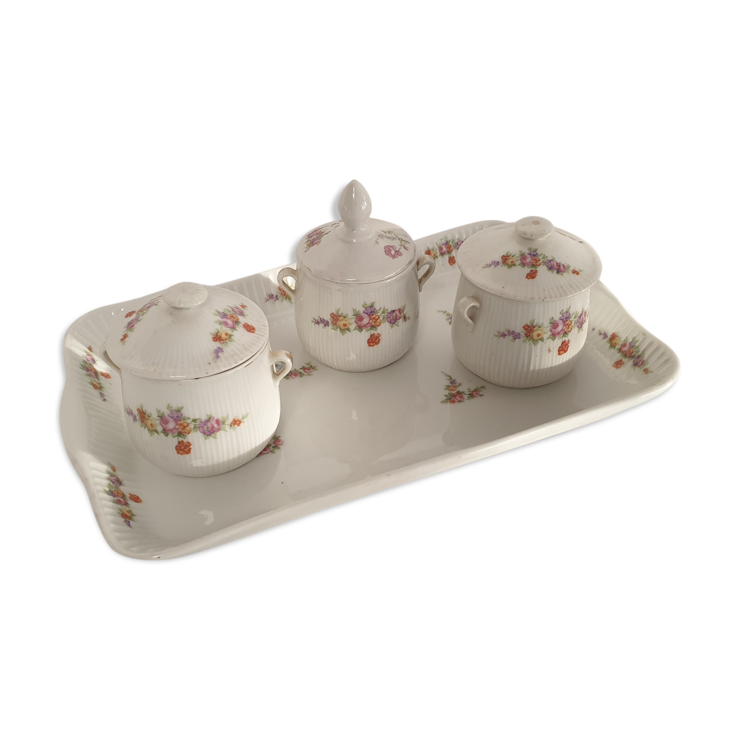 Dessert service: 3 cream jars + cake dish