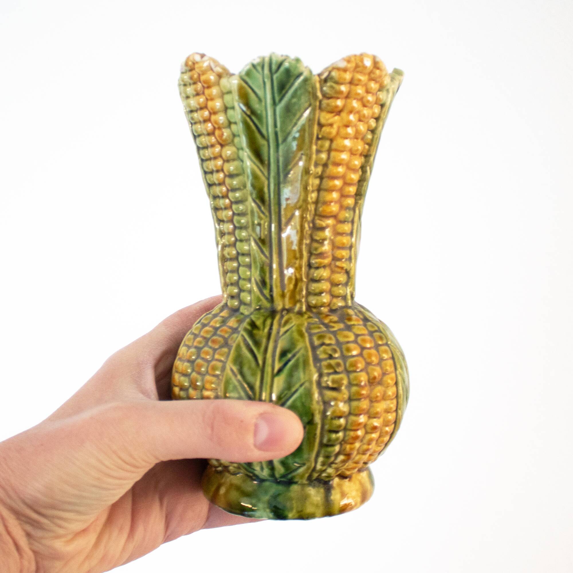 Vintage French Majolica Style Ceramic Corn Vase: 1950s Barbotine Pottery